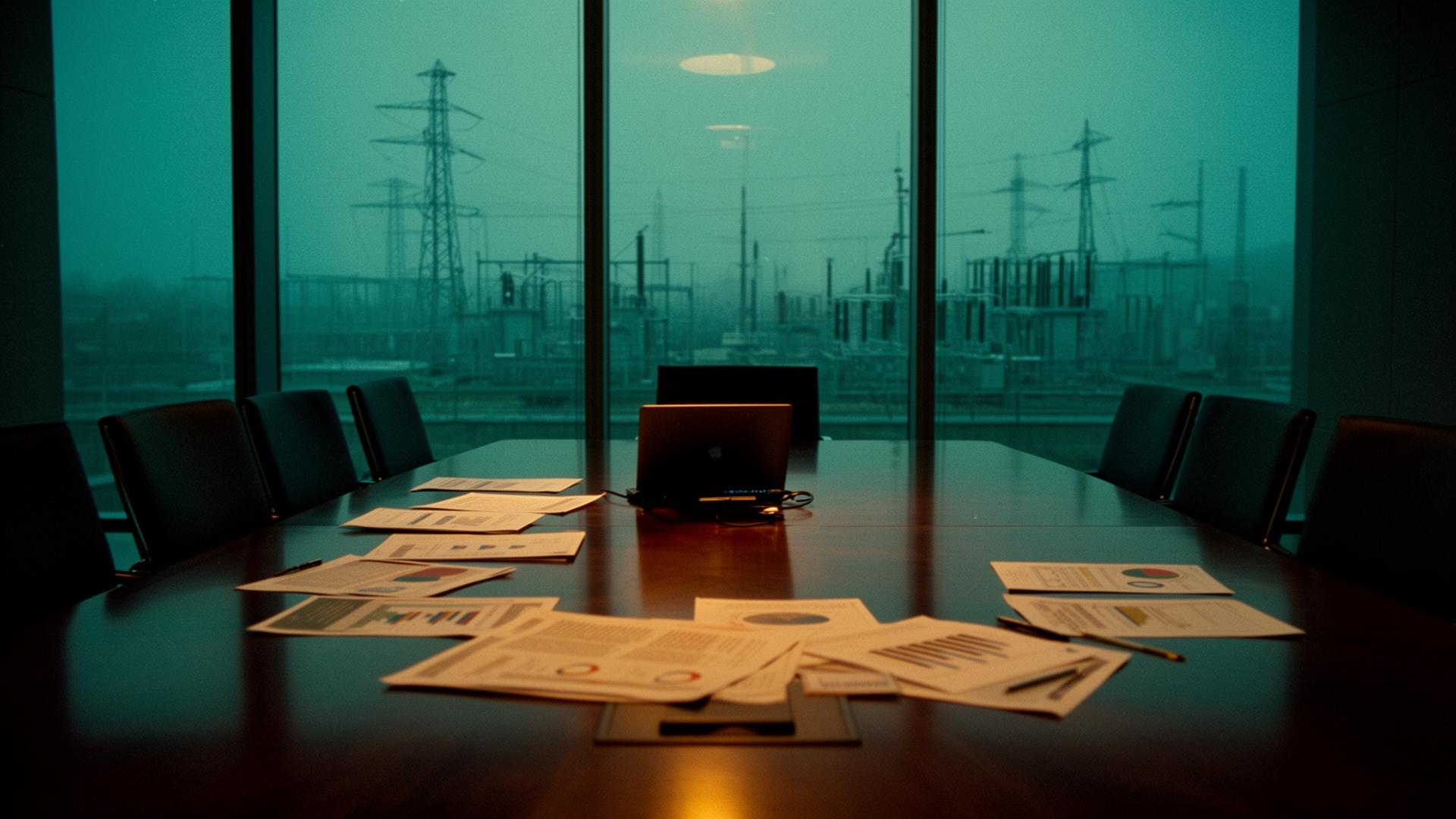 Institutional boardroom overlooking energy infrastructure at dusk