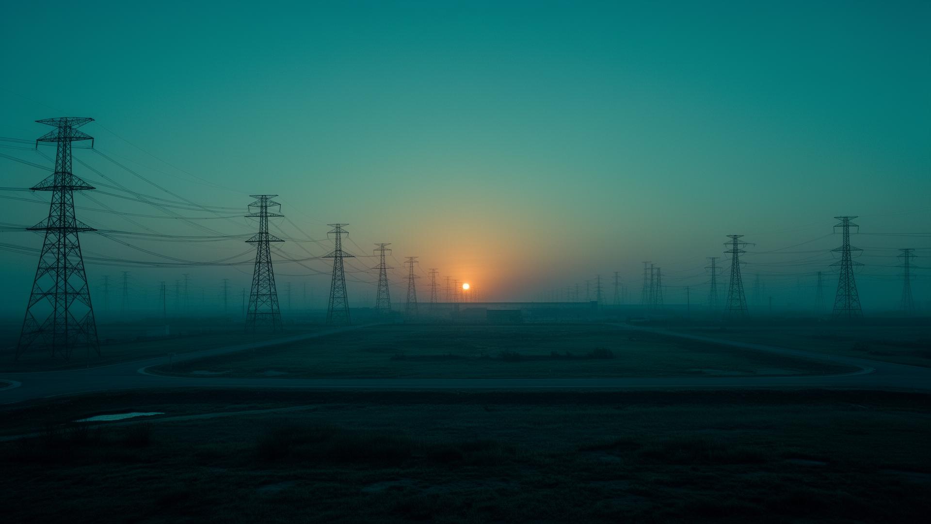 Transmission corridor at dawn — strategic horizon
